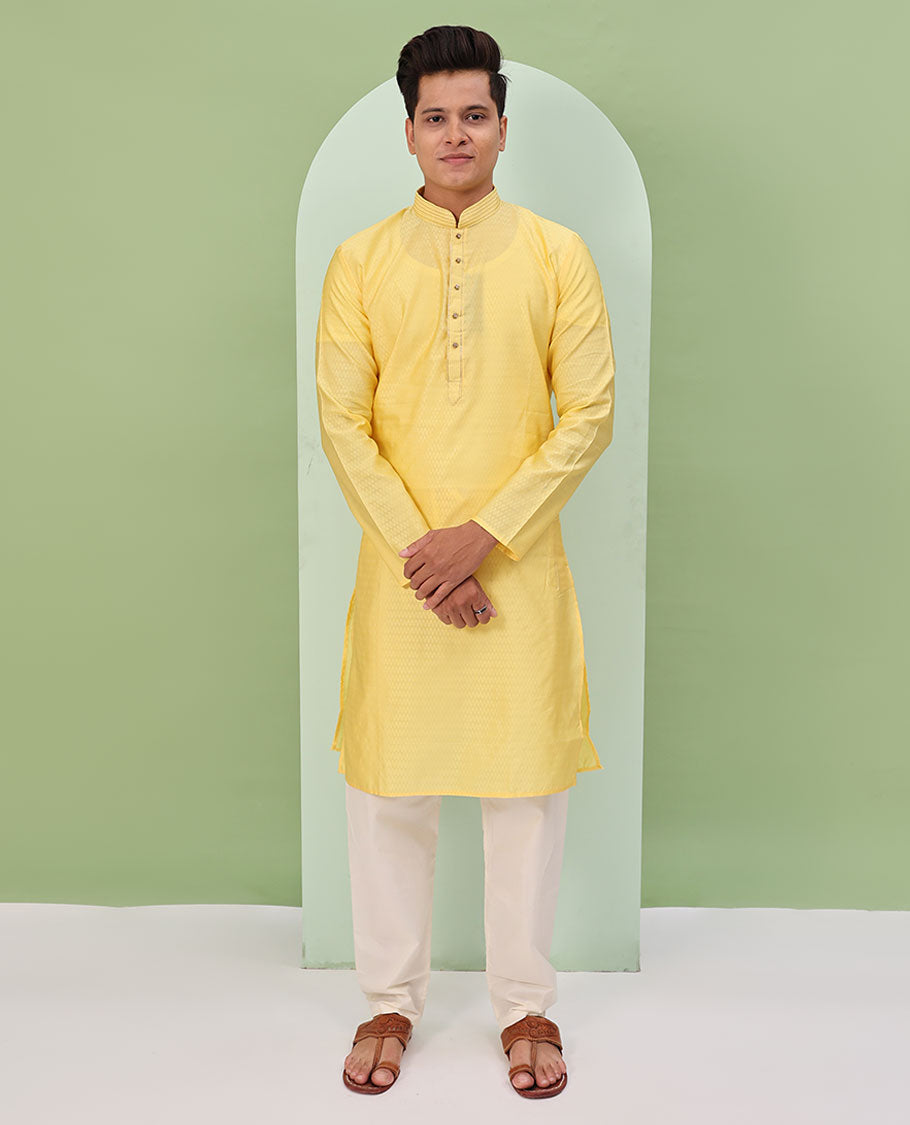 Yellow Baby blue embossed design full-sleeved kurta