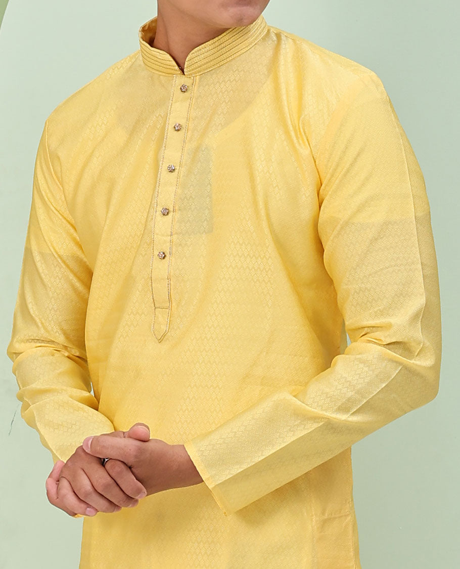 Yellow Baby blue embossed design full-sleeved kurta