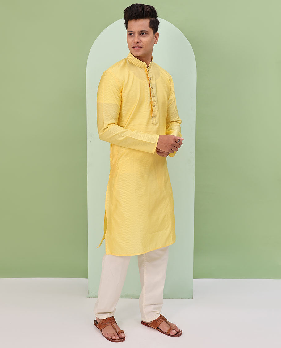 Yellow Baby blue embossed design full-sleeved kurta