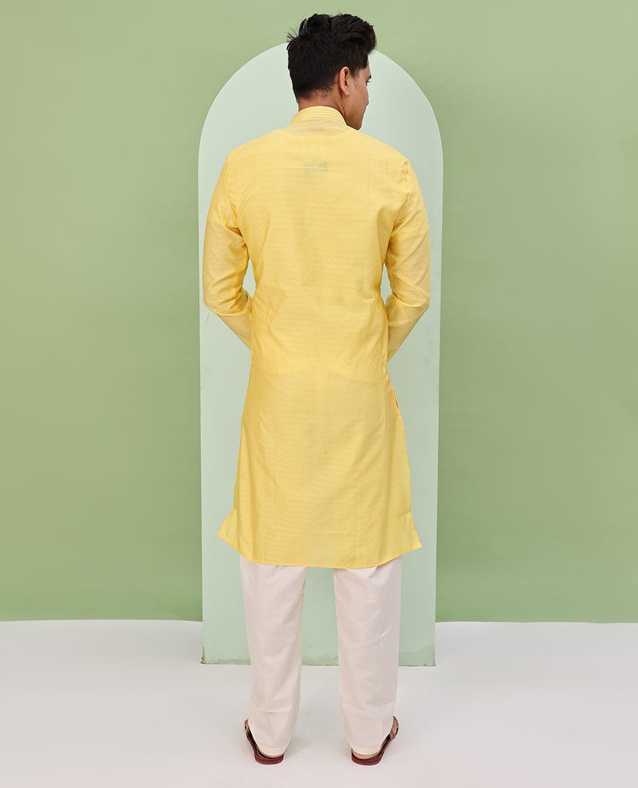 Yellow Baby blue embossed design full-sleeved kurta
