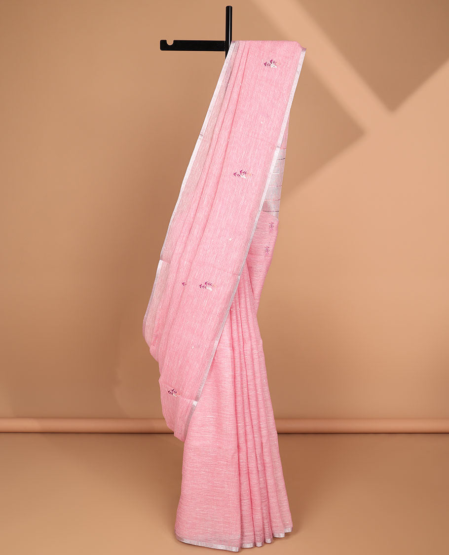 Borderless pink motifs linen saree with striped pallu