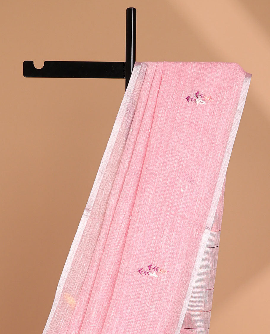 Borderless pink motifs linen saree with striped pallu