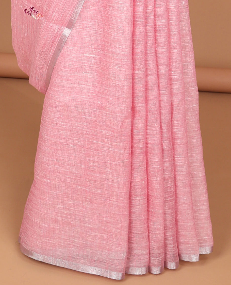 Borderless pink motifs linen saree with striped pallu