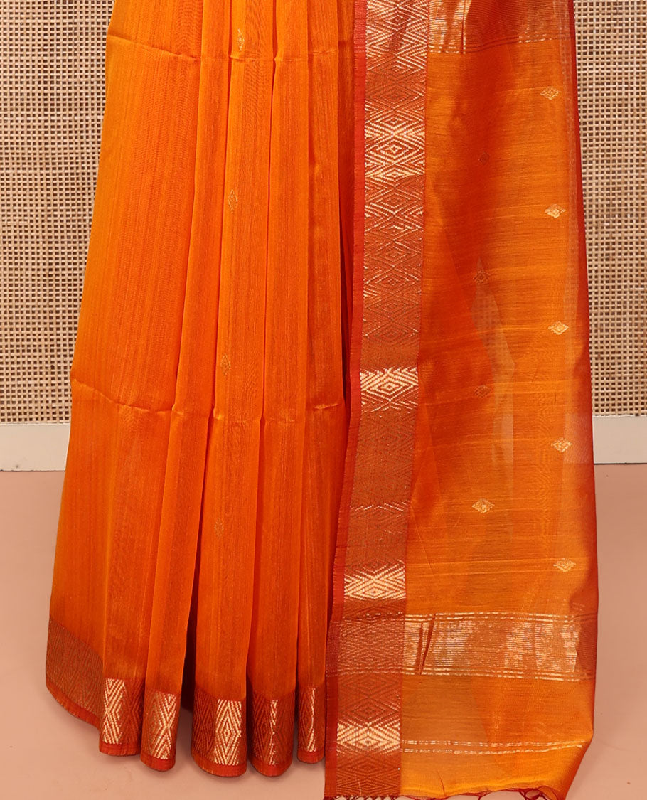 Orange Maheshwari Cotton Saree, Subtly Enriched with Buttas on Its Body, Highlighted by Chevron Zari Design Border, Pallu of Zari Designs, and Paired with a Matching Blouse