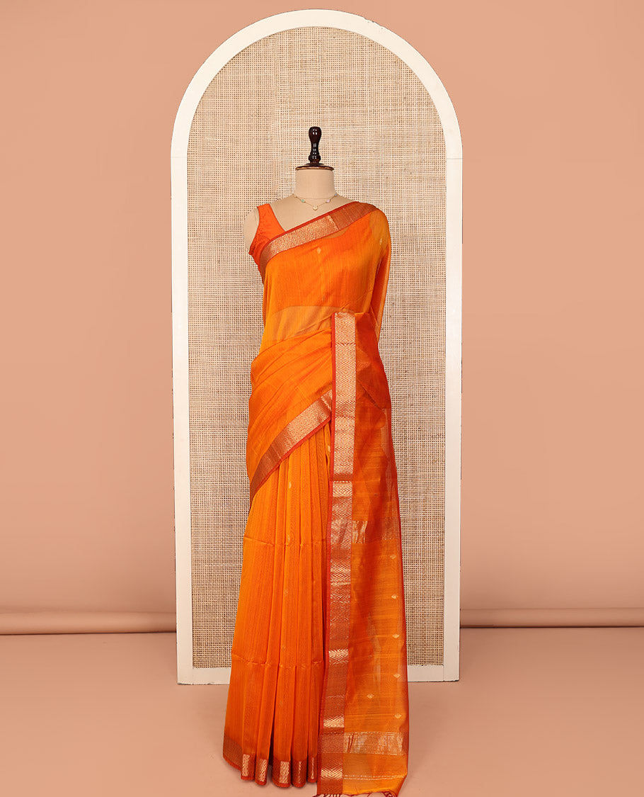 Orange Maheshwari Cotton Saree, Subtly Enriched with Buttas on Its Body, Highlighted by Chevron Zari Design Border, Pallu of Zari Designs, and Paired with a Matching Blouse