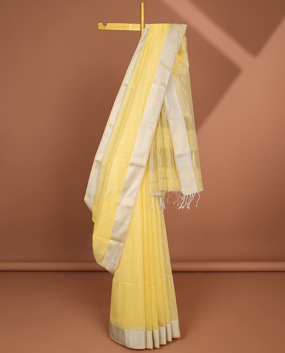 Yellow maheshwari cotton saree with contrast zari border & striped zari pallu