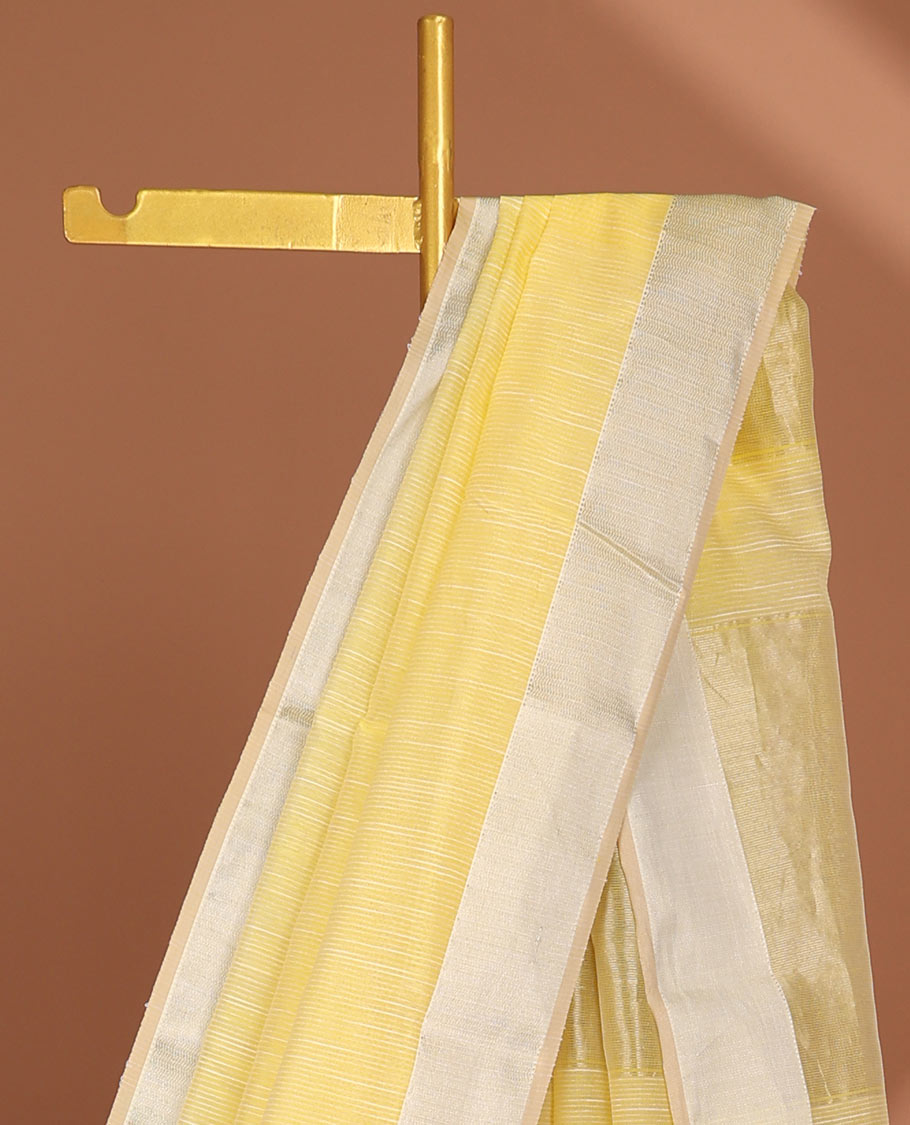 Yellow maheshwari cotton saree with contrast zari border & striped zari pallu