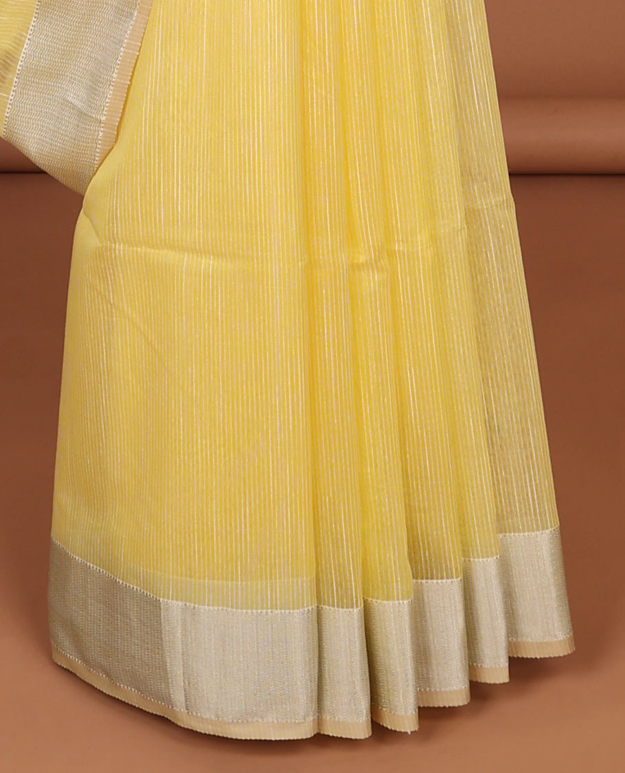 Yellow maheshwari cotton saree with contrast zari border & striped zari pallu