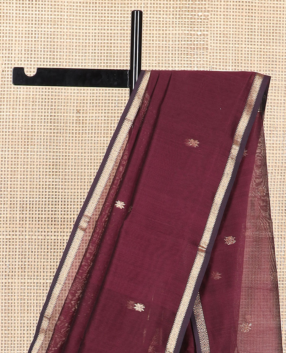 Maroon floral motifs maheshwari cotton saree with self zari design border & floral design pallu