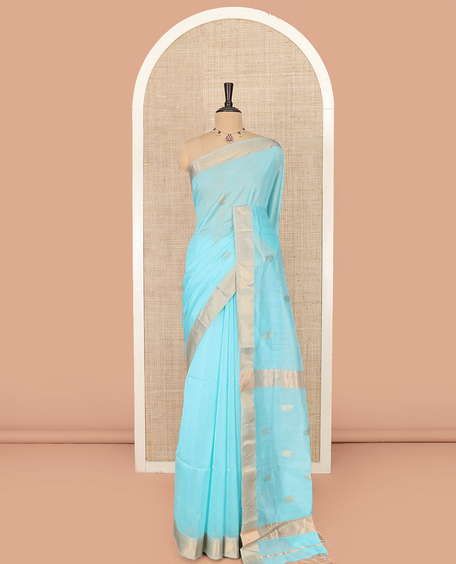Blue Maheshwari Cotton Saree Embellished with Zari Buttas, Highlighted with Contrast Traditional Zari Design Border, Pallu Steeped with Paisley Designs, and Paired with a Contrast Blouse