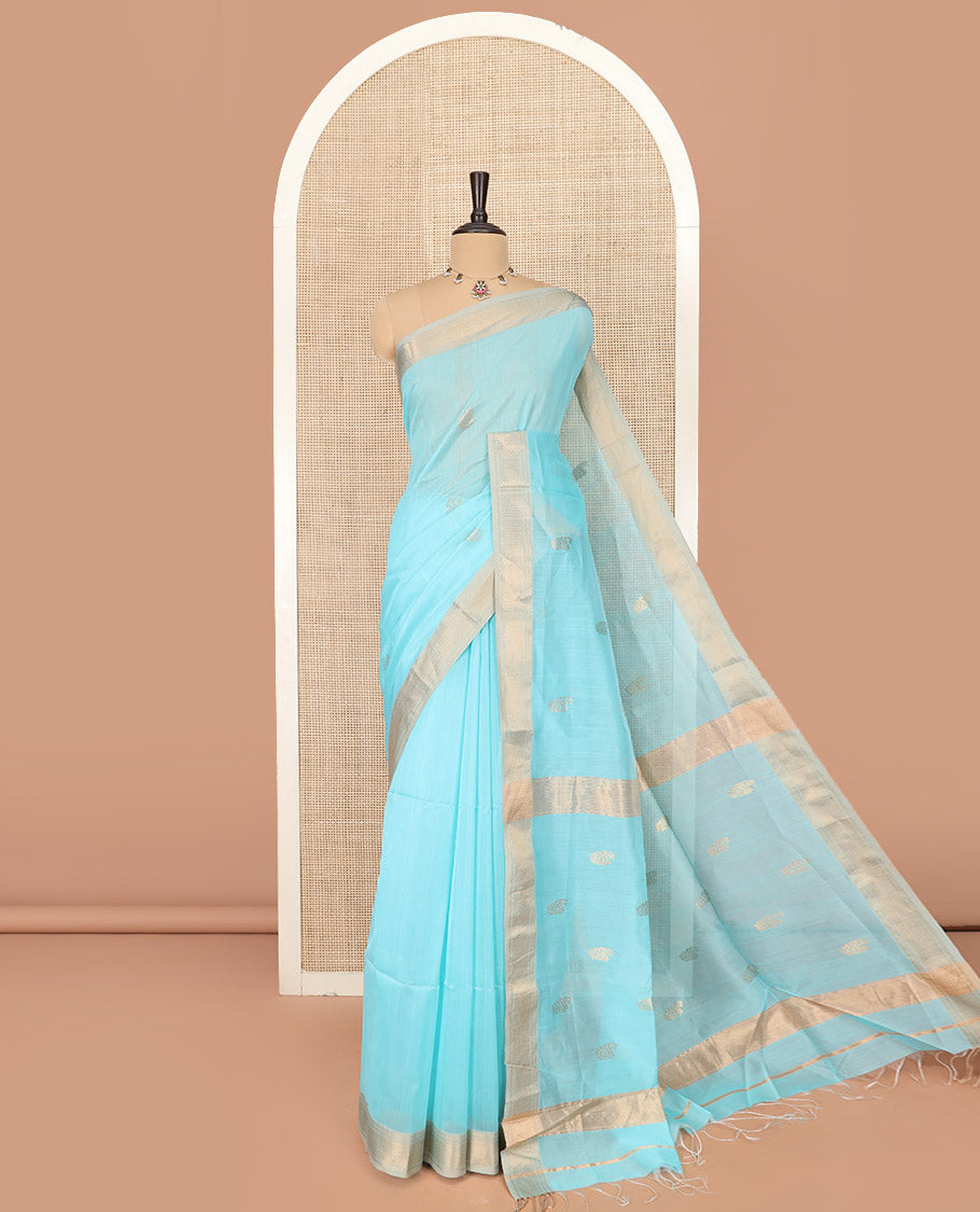 Blue Maheshwari Cotton Saree Embellished with Zari Buttas, Highlighted with Contrast Traditional Zari Design Border, Pallu Steeped with Paisley Designs, and Paired with a Contrast Blouse