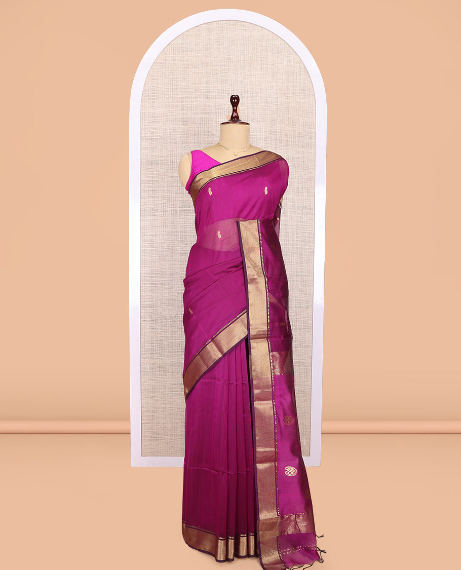 Magenta Maheshwari Cotton Saree, Graced with Buttas, Highlighted by a Semi-Contrast Traditional Zari Border, Pallu of Paisleys, and a Matching Blouse