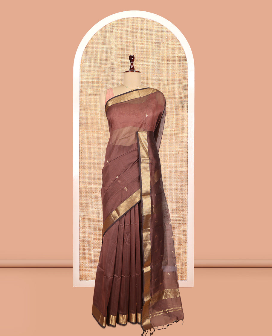 Brown Maheshwari Cotton Saree, Enriched with Zari Buttas, a Traditional Zari Border, Zari Woven Pallu, and a Matching Blouse