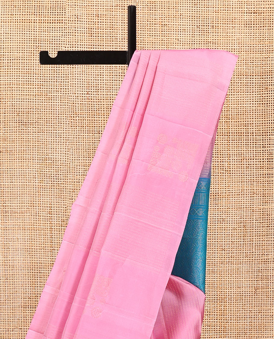 Borderless Pink Mayuri Soft Silk Saree, Accentuated with Stripes and Buttas All Over Its Body, Complemented by a Contrast Scallop Design Pallu, and Paired with a Contrast Blouse