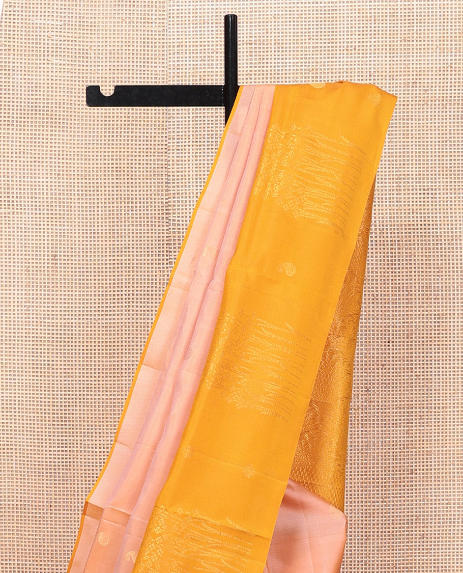 Peach Mayuri Lite Silk Mix Saree, Sparsely Woven with Zari Buttas, Complemented By Contrast Border of Floral Buttas, a Grand Pallu, and a Contrast Blouse