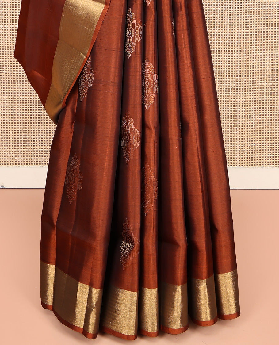 Rust Mayuri Lite Silk Mix Saree, Decorated with Zari Buttas All Over Its Body, Highlighted by Zari Bavanji Border, Complemented by Intricately Designed Pallu, and Paired with a Contrast Blouse