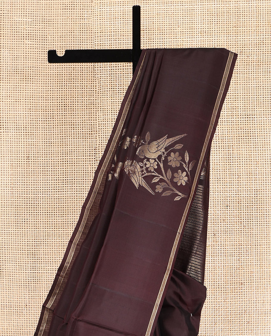 Brown Mayuri Lite Silk Mix Saree, Ornamented With Floral-Macaw Buttas, a Subtle Piping Border, Geometric Pallu and a Matching Blouse