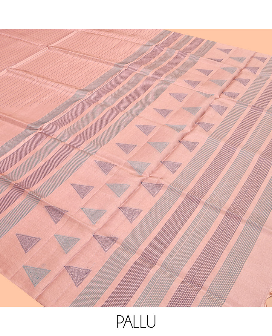 Borderless Peach Mayuri Lite Silk Mix Saree, Subtly Sparkled With Stripes and Triangle Buttas, a Subtle Self-Pallu of Triangles and a Matching Blouse