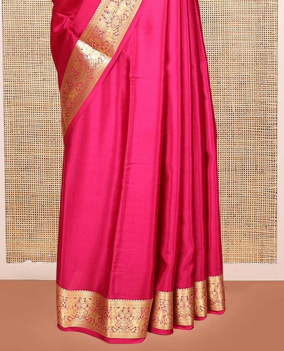 Pink Plain Mysore Silk Saree, Highlighted by a Traditional Zari Border of Yaali Designs, Pallu Steeped with Traditional Designs, and Paired with a Matching Blouse
