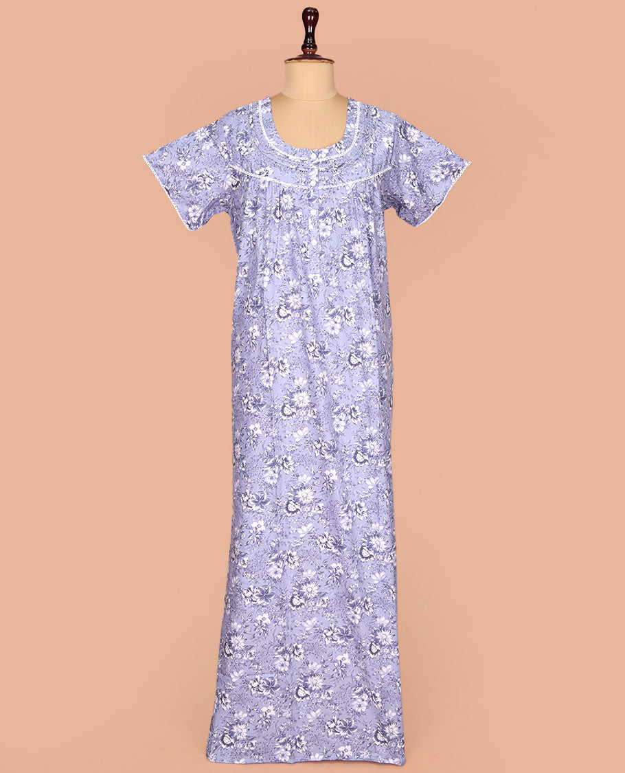 Grey Cotton Nighty Prettified with Floral Print, Featuring Lace Work, Round Front Neck, and Half Sleeves