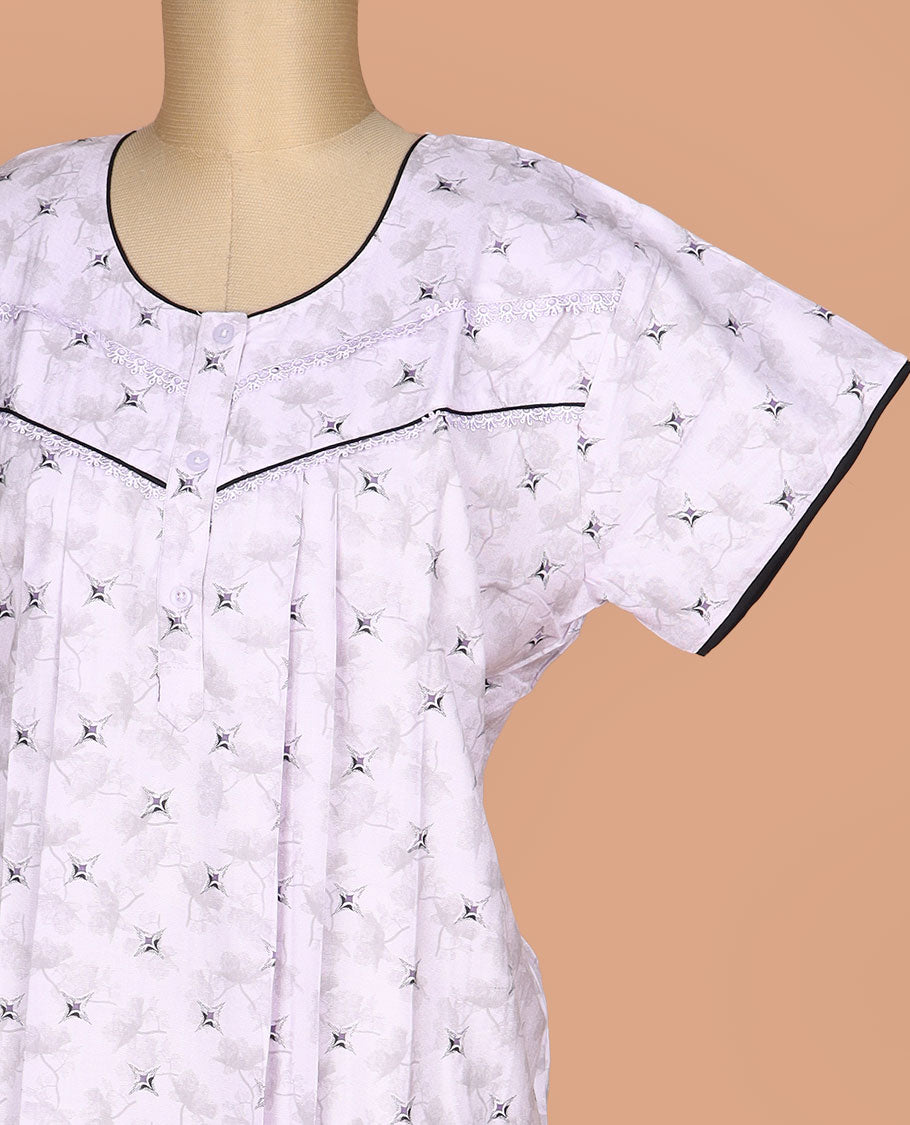 Pale lavender flora-geometric printed with round neck lace work, half-sleeve nighty