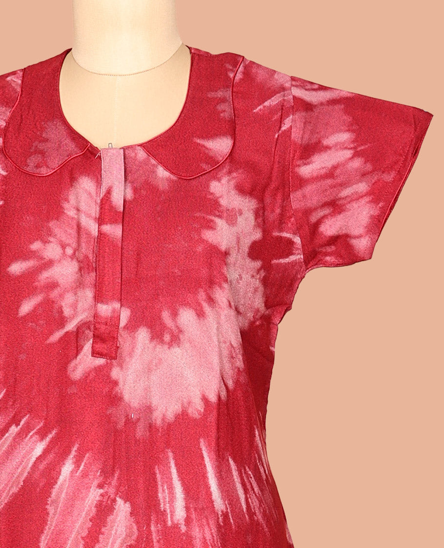 Red Collar Neck Cotton-Blended Nighty