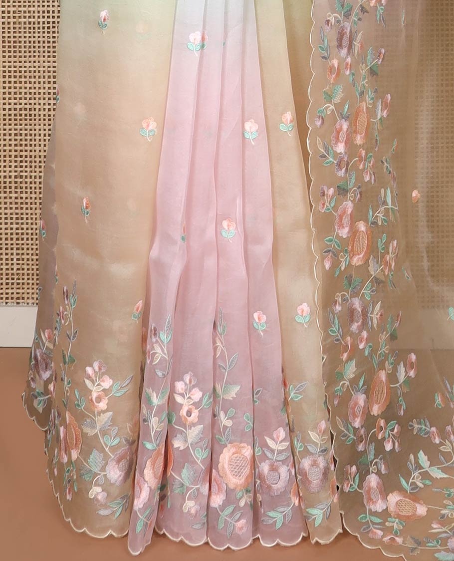 Multi volor motifs organza saree with self floral embroidery, scallop border