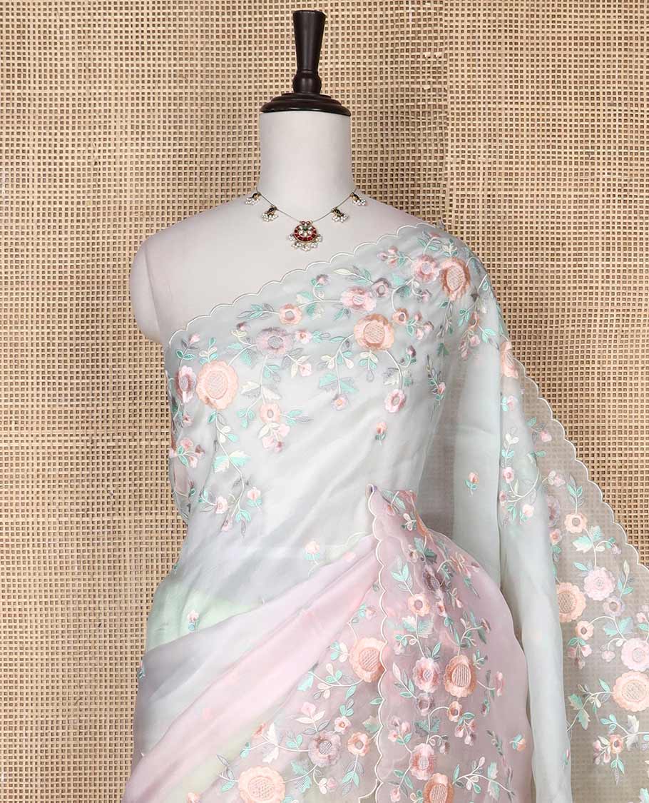 Multi volor motifs organza saree with self floral embroidery, scallop border