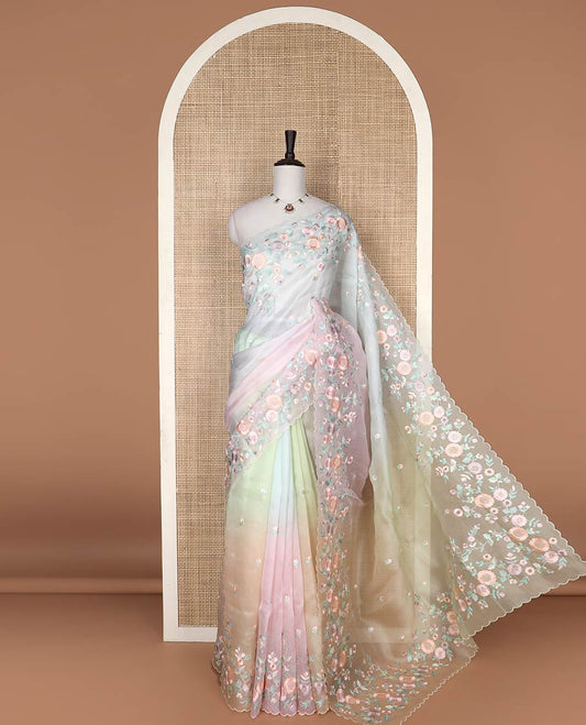 Multi volor motifs organza saree with self floral embroidery, scallop border