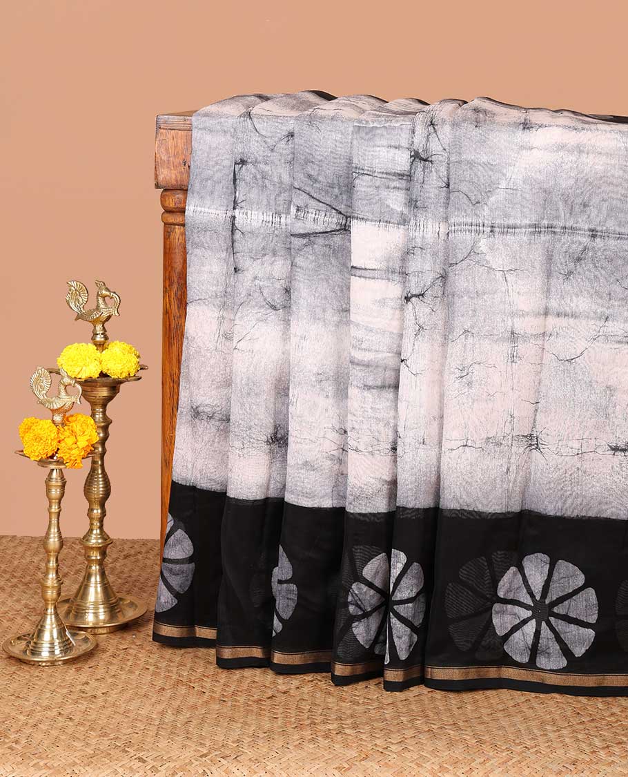 Grey hanblock batik printed chanderi cotton saree with contrast wax block printed border & hand block printed pallu along with plain blouse