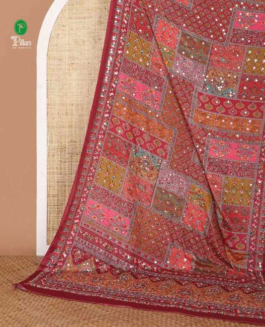 Multi-color geometric printed, mirror work masakali saree with printed, mirror work border & printed pallu along with plain blouse