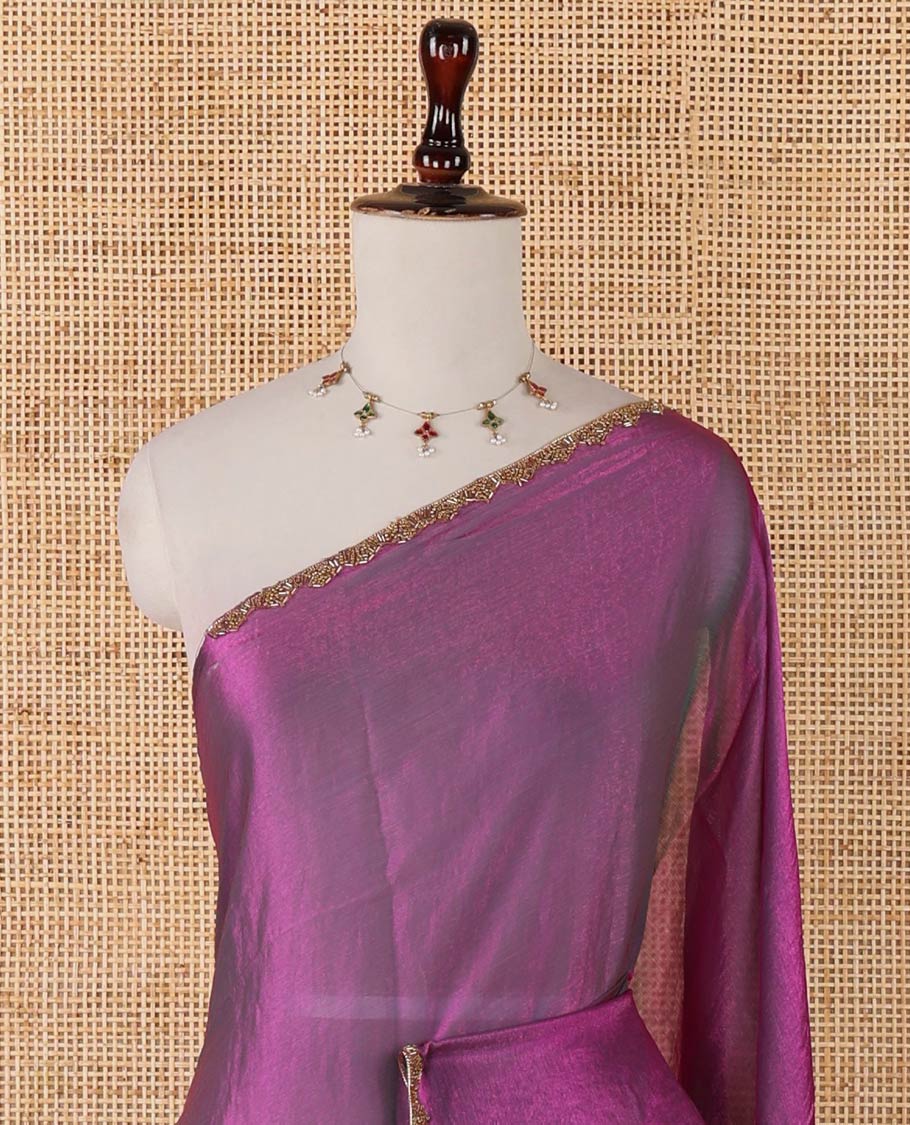 Wine color fendy chiffon saree with hand work border & self pallu along with hand work blouse