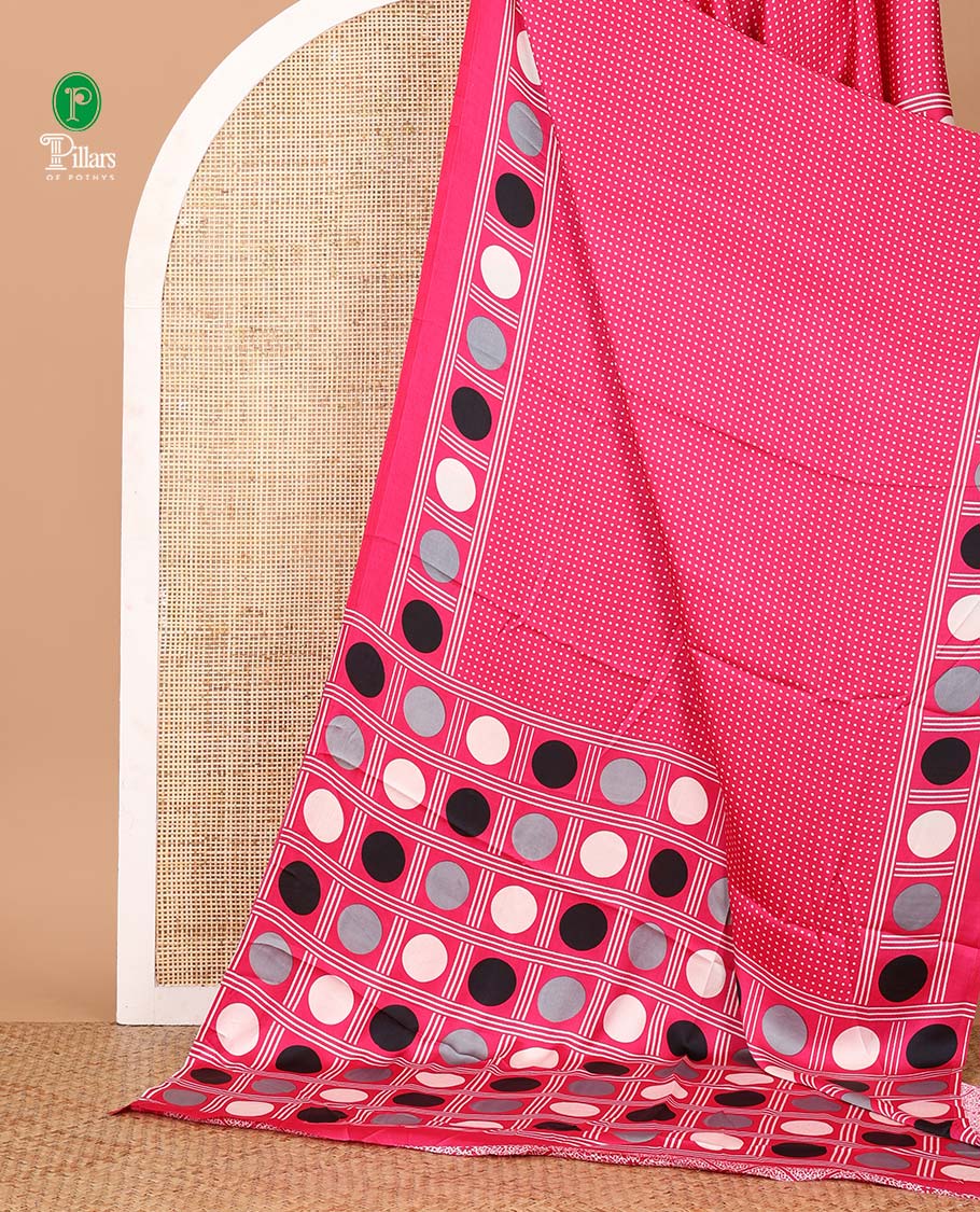 Rani pink small polka dots printed gajji silk saree with self-border & pallu printed with a dot enclosed checks, blouse with intricate motif print