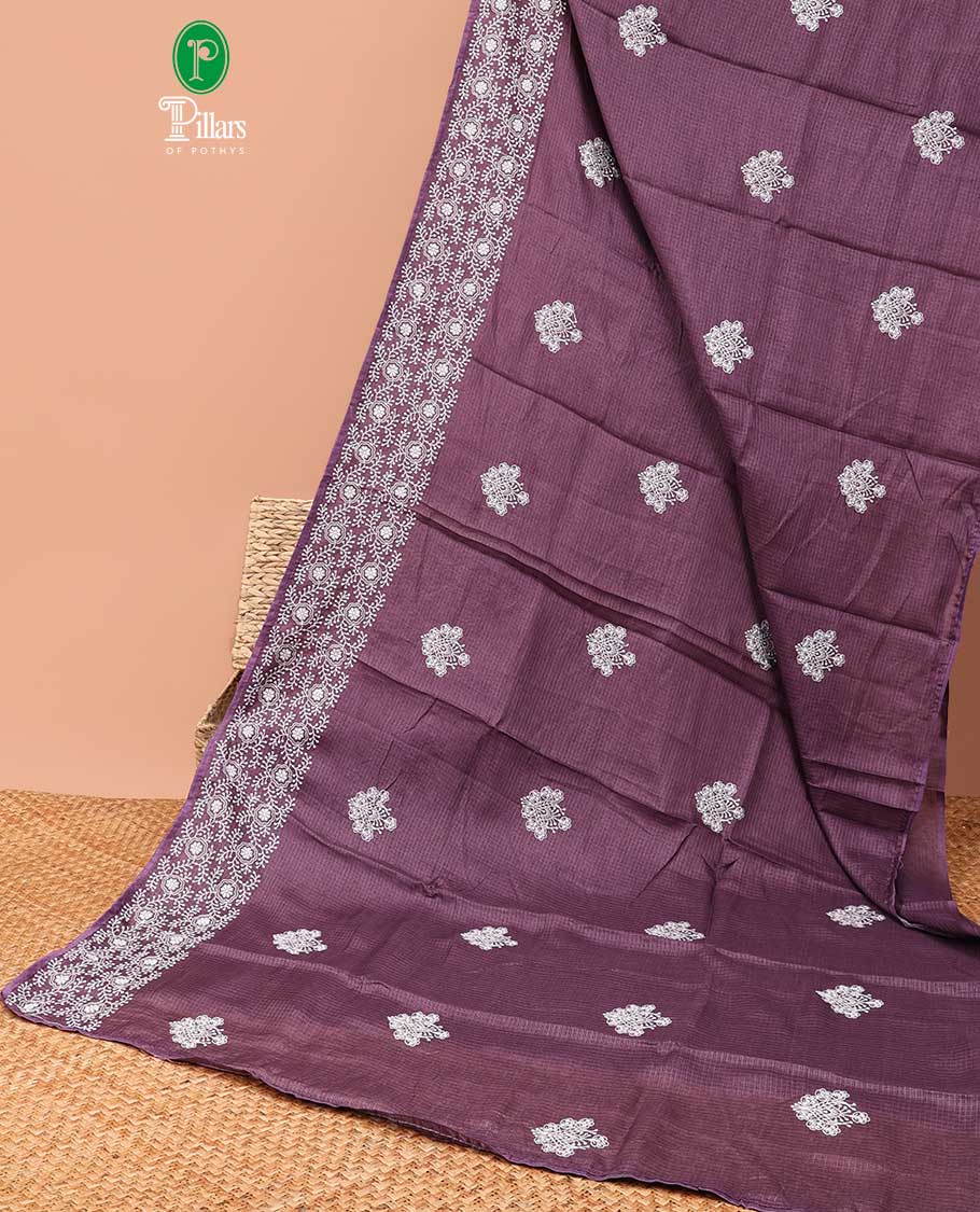 Wine allover lucknowi chikankari design kotta checks saree with running blouse