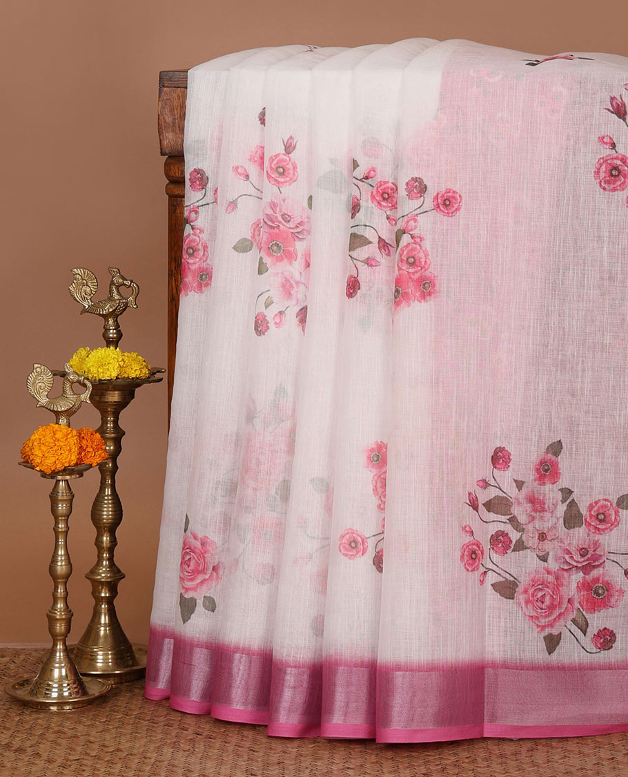 White rose floral printed linen saree, contrast silver bavanji border, floral printed pallu & floral printed gajri blouse