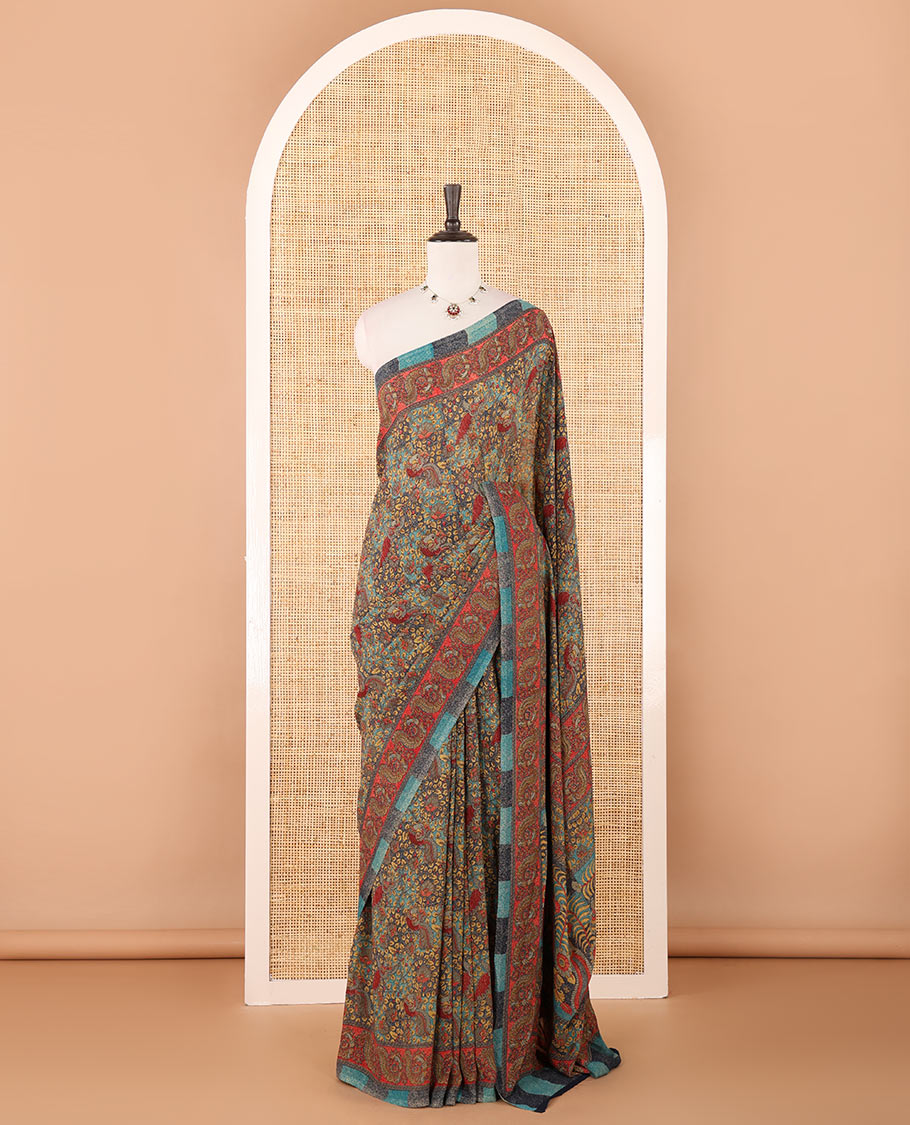 Blue intricate floral & bird printed kimaya saree, peacock printed border, printed pallu & contrast printed blouse