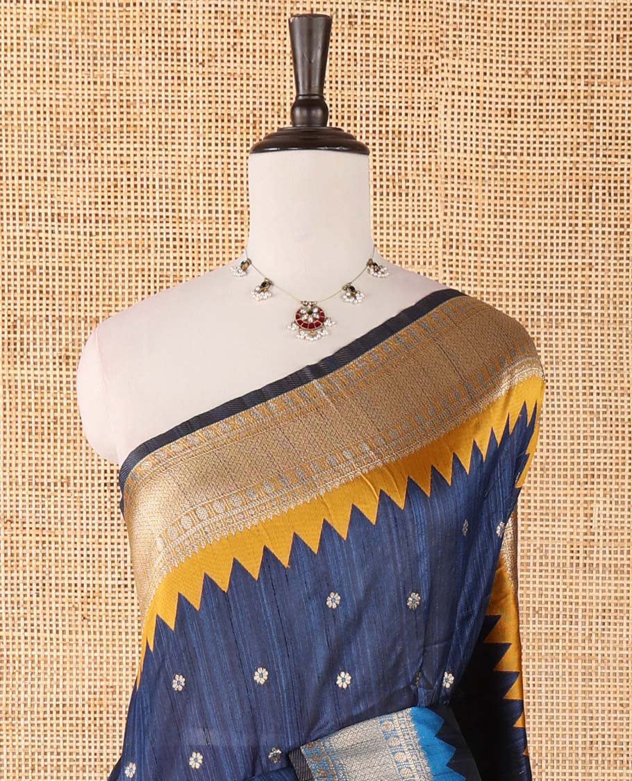 Blue buttas banarasi jute saree, contrast traditional zari ganga-jamuna-style satin thread border, intricate pallu & plain blue blouse