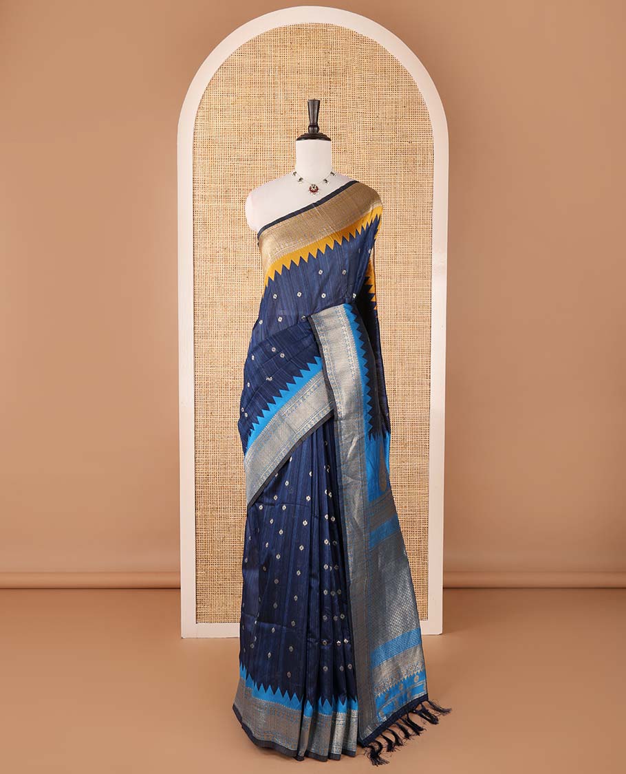 Blue buttas banarasi jute saree, contrast traditional zari ganga-jamuna-style satin thread border, intricate pallu & plain blue blouse
