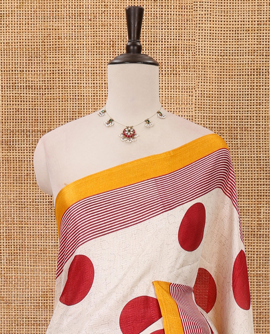 Cream polka dot printed khadi cotton saree, contrast piping border with stripes print, stripes printed pallu & yellow stripes printed blouse