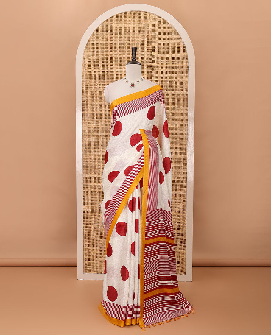 Cream polka dot printed khadi cotton saree, contrast piping border with stripes print, stripes printed pallu & yellow stripes printed blouse