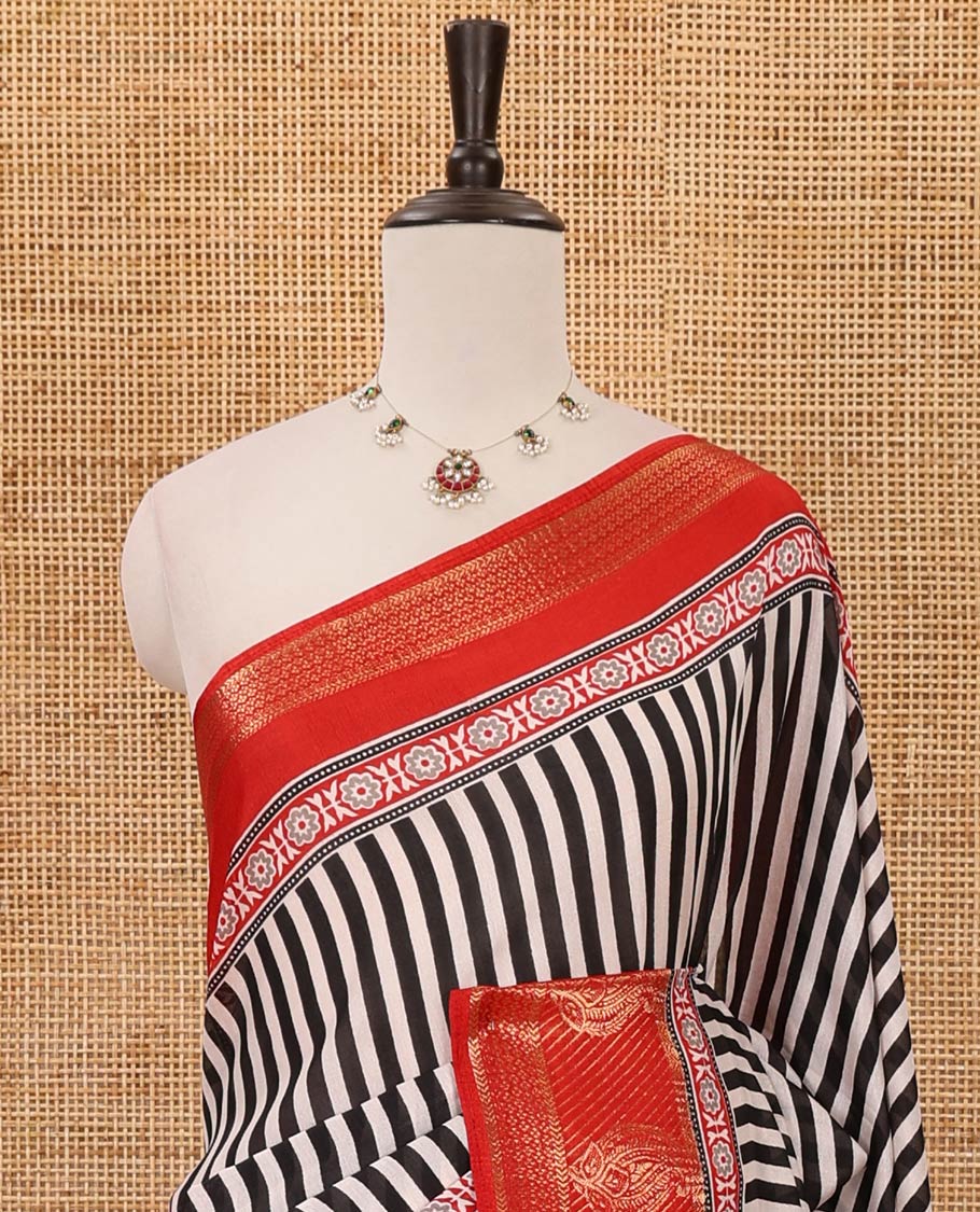 Red stripes printed soft dola saree,contrast floral creeper design zari border,Ajrakh-print pallu & blouse of floral butta & zari design