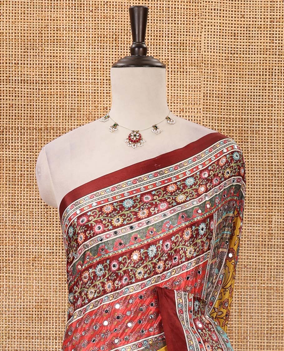 Maroon-base kaleidoscope-coloured intricately printed & real mirror embroidery masakali saree, self-border, self-pallu & matching blouse