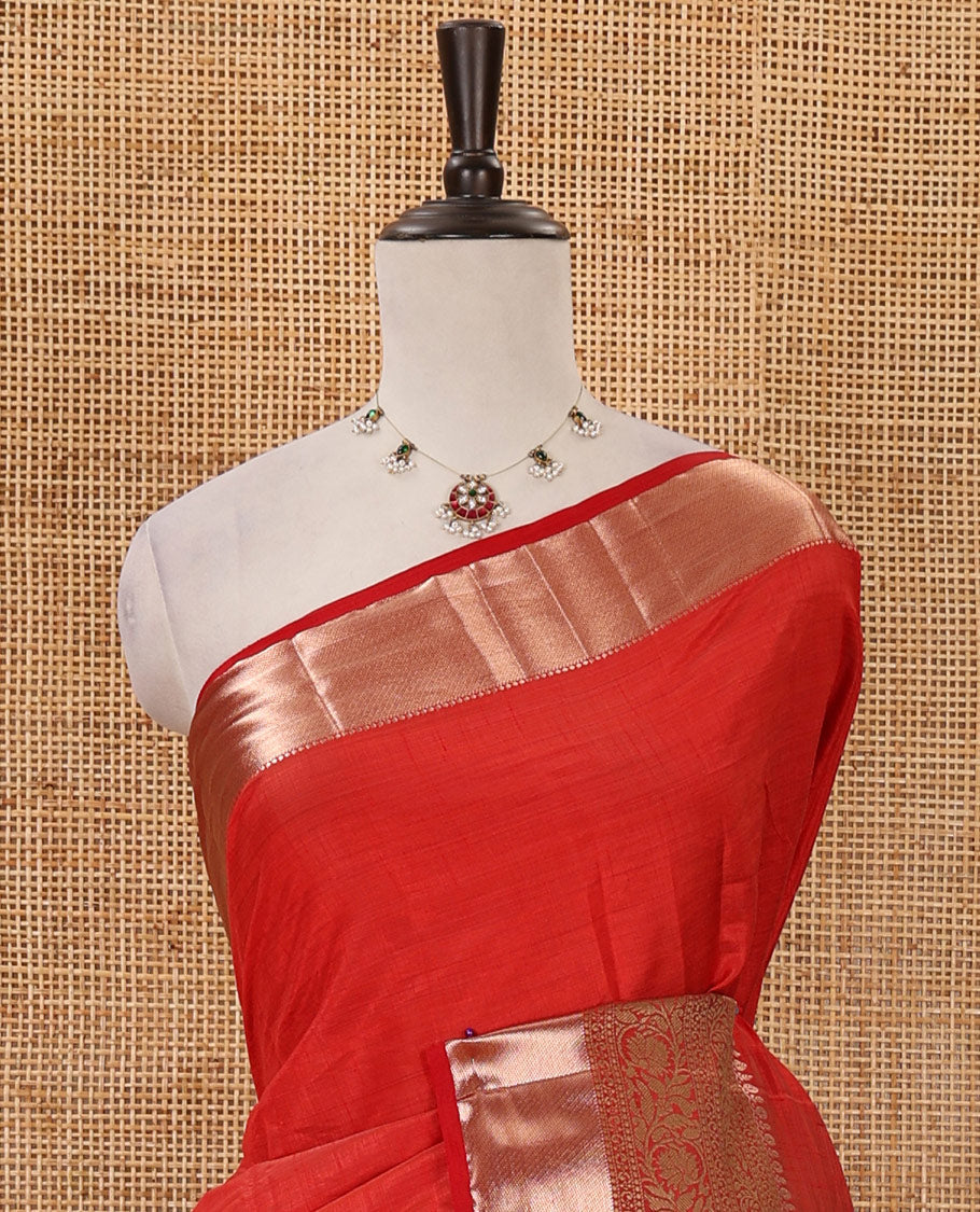 Red plain tussar saree, traditional zari design border, pallu of zari stripes & matching traditional motif border blouse