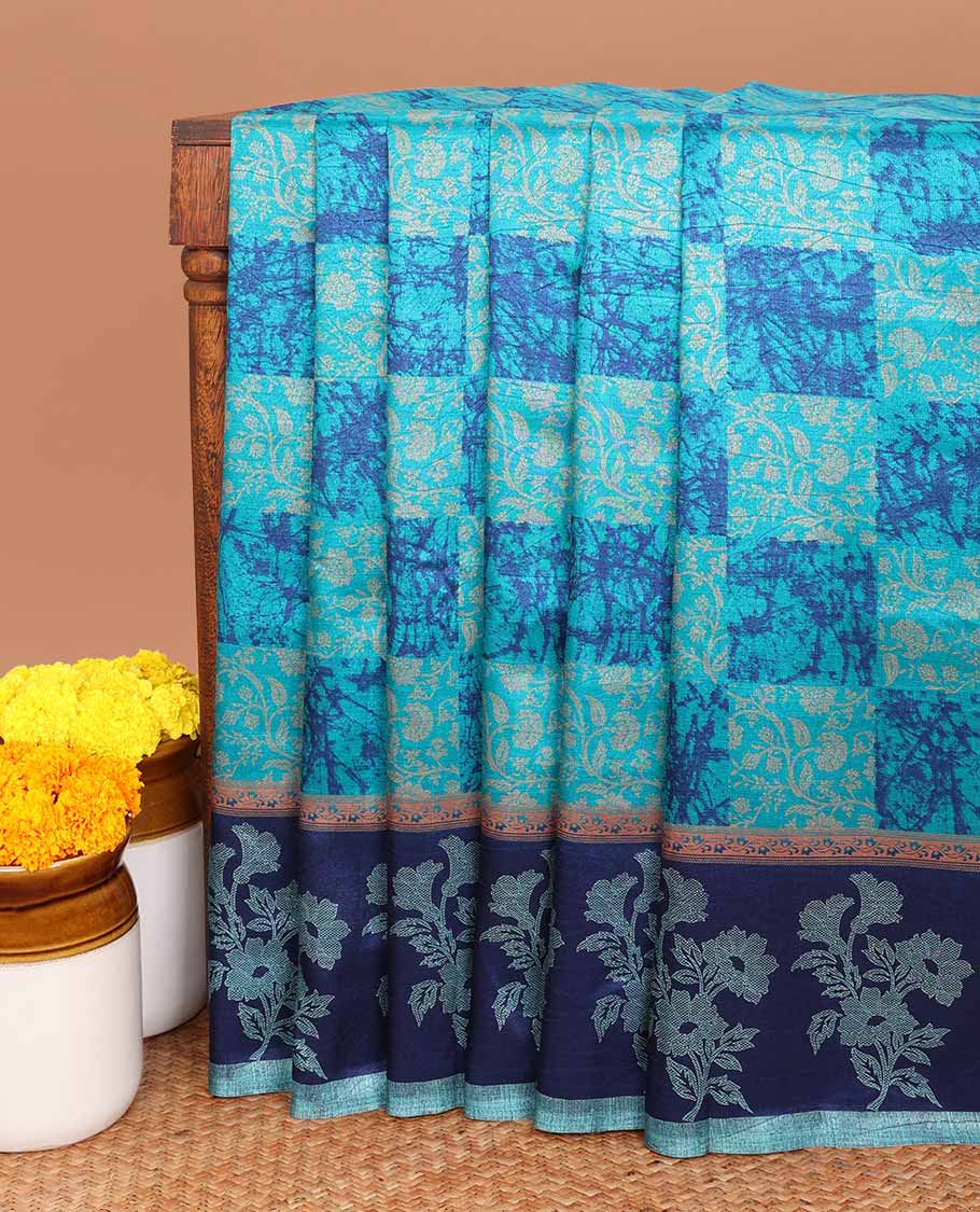 Blue discharge print crackle silk saree with contrast border & discharge negetive print blouse