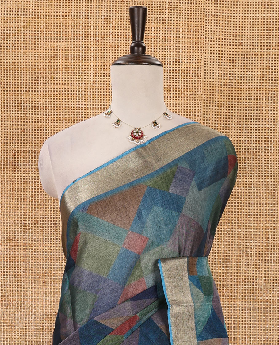 Blue-base colorful abstract printed black spun linen saree, zari piping border, colorful floral printed pallu & geometric printed blouse