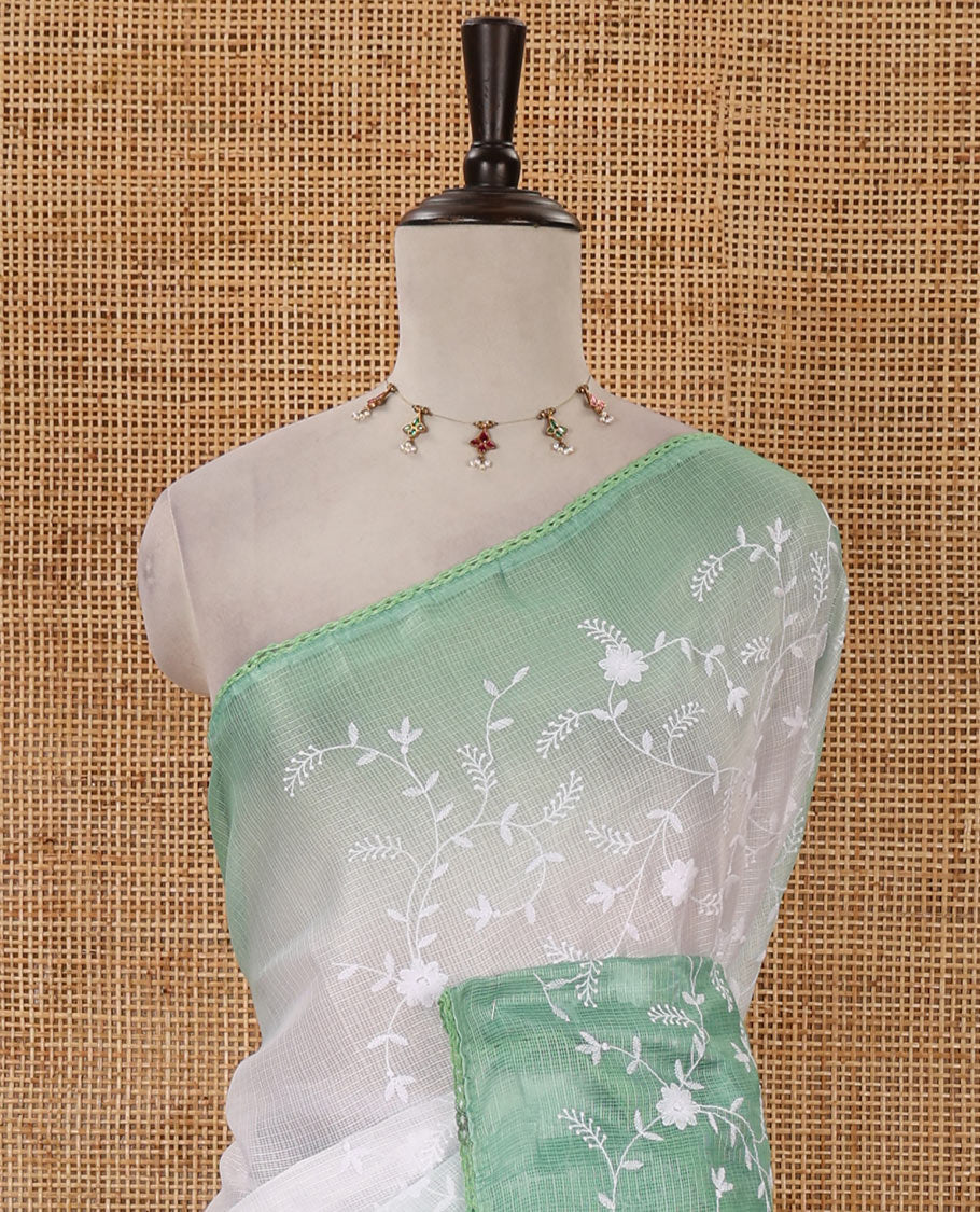 White-green color 2D-style print & floral vine chikankari embroidered kota check saree, lace border & plain blouse