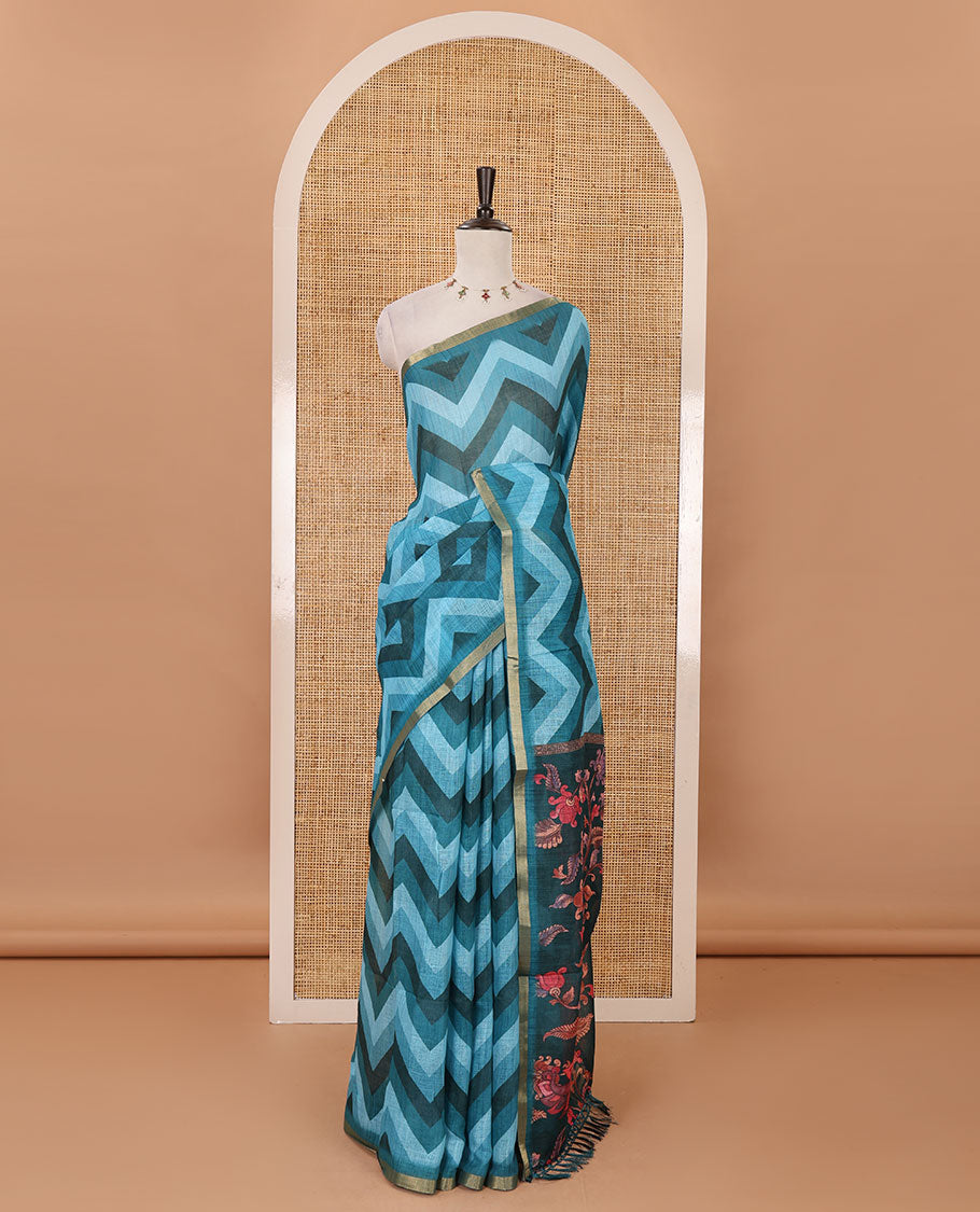 Blue zig-zag stripes printed linen cotton saree, piping zari border, kalamkari floral-peacock printed pallu & contrast printed blouse