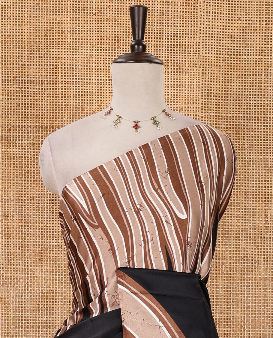 Borderless black-brown color batik-style abstract-printed satin crepe saree, contrast-printed blouse