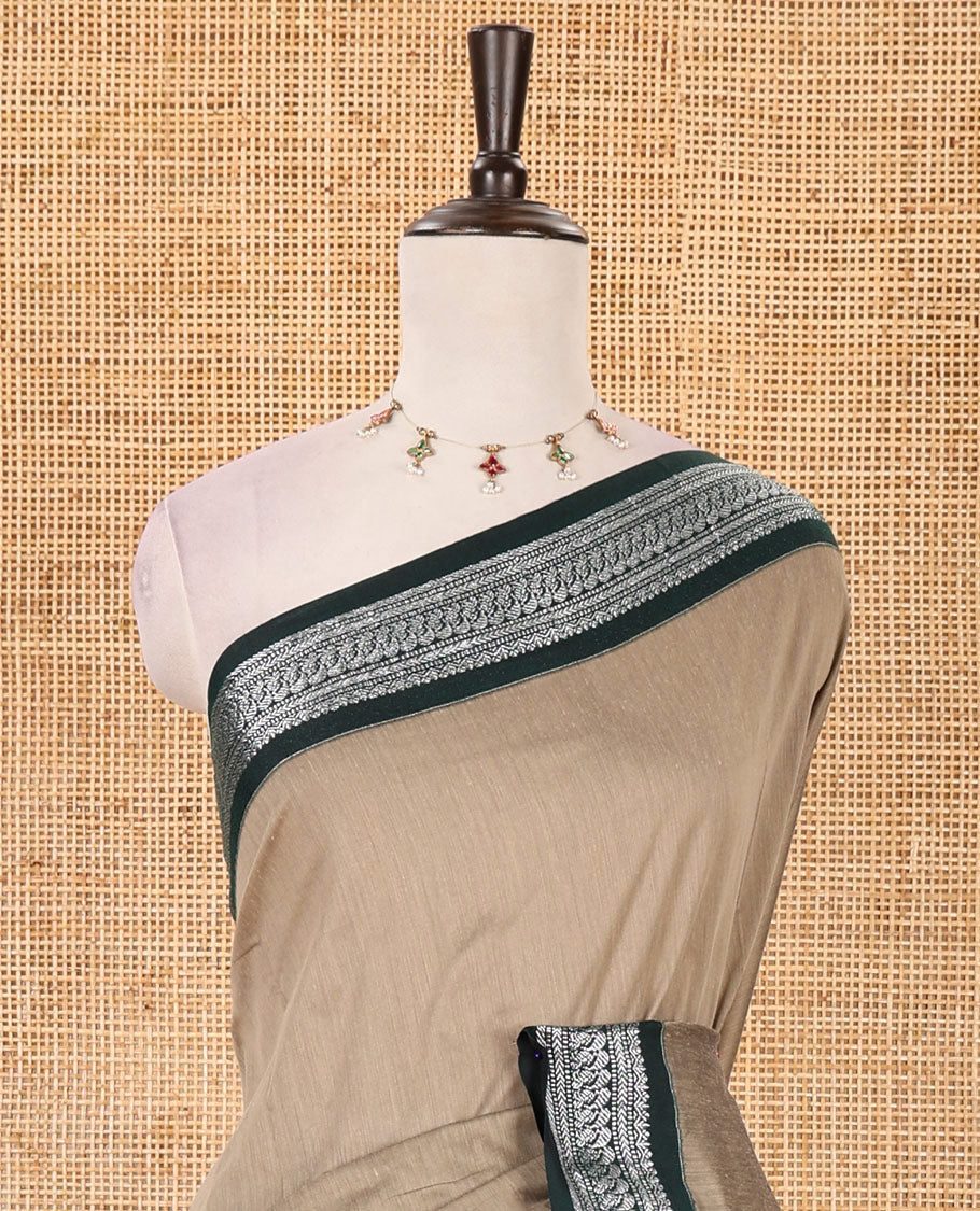Pale pearl full-plain Kalyani cotton saree, contrast traditional zari design border, zari design steeped pallu & contrast plain blouse