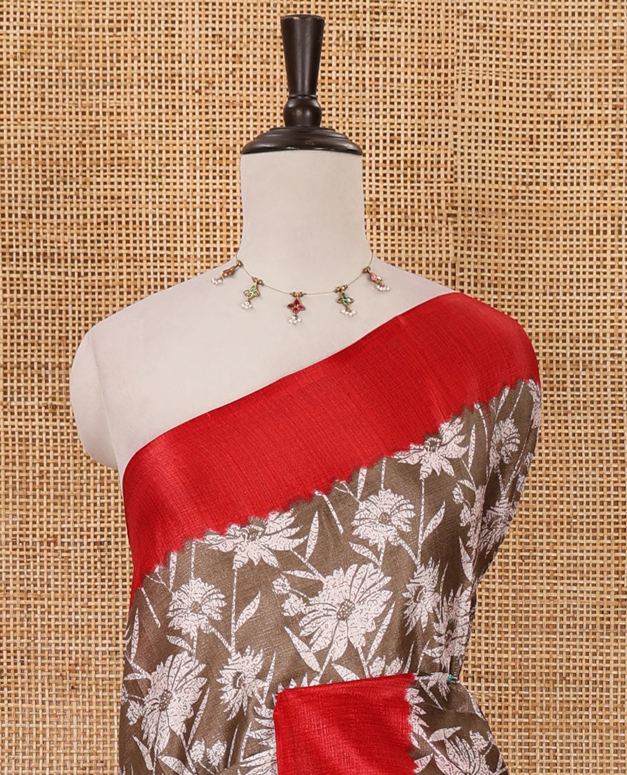 Brown sunflower motifs printed Khadi cotton saree, contrast plain border, patola geometric printed pallu & contrast blouse